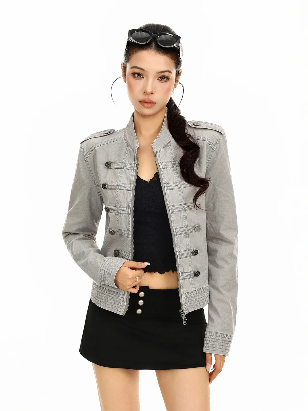 BIGGOLD | Washed Double-Breasted Stand Collar Denim Jacket