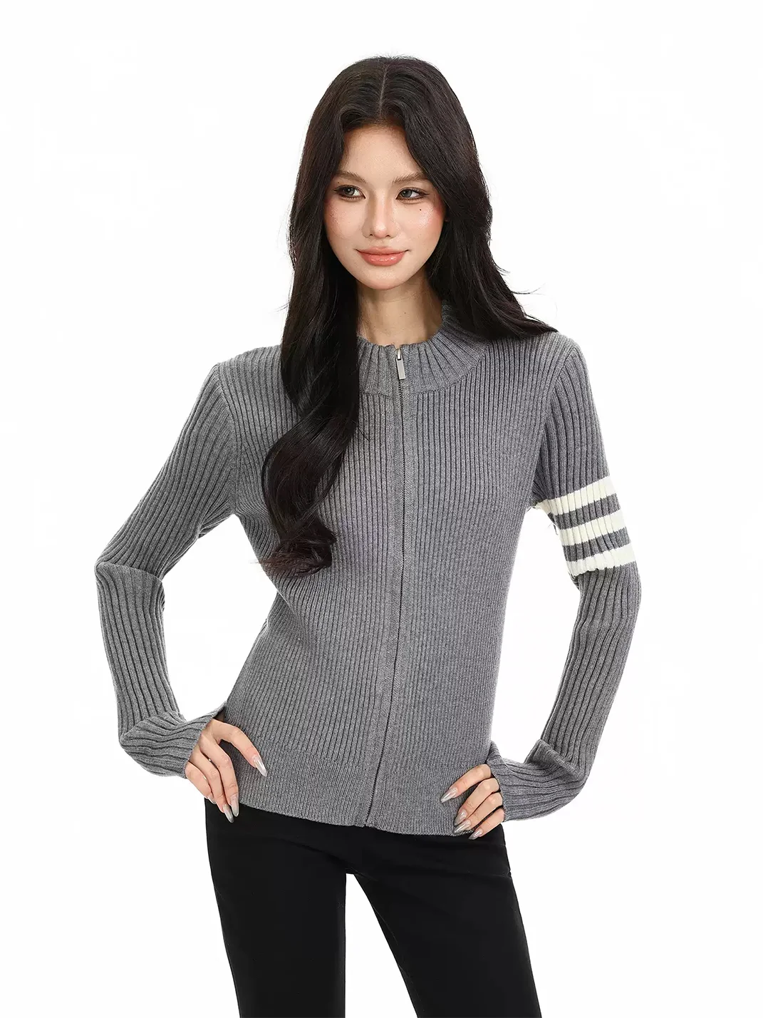 BIGGOLD | Fitted Rib Knit Zip Cardigan Sweater