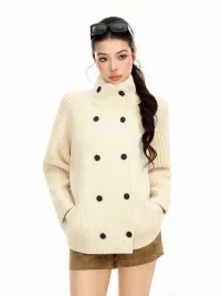 BIGGOLD | Loose Double-Breasted Turtleneck Knit Cardigan