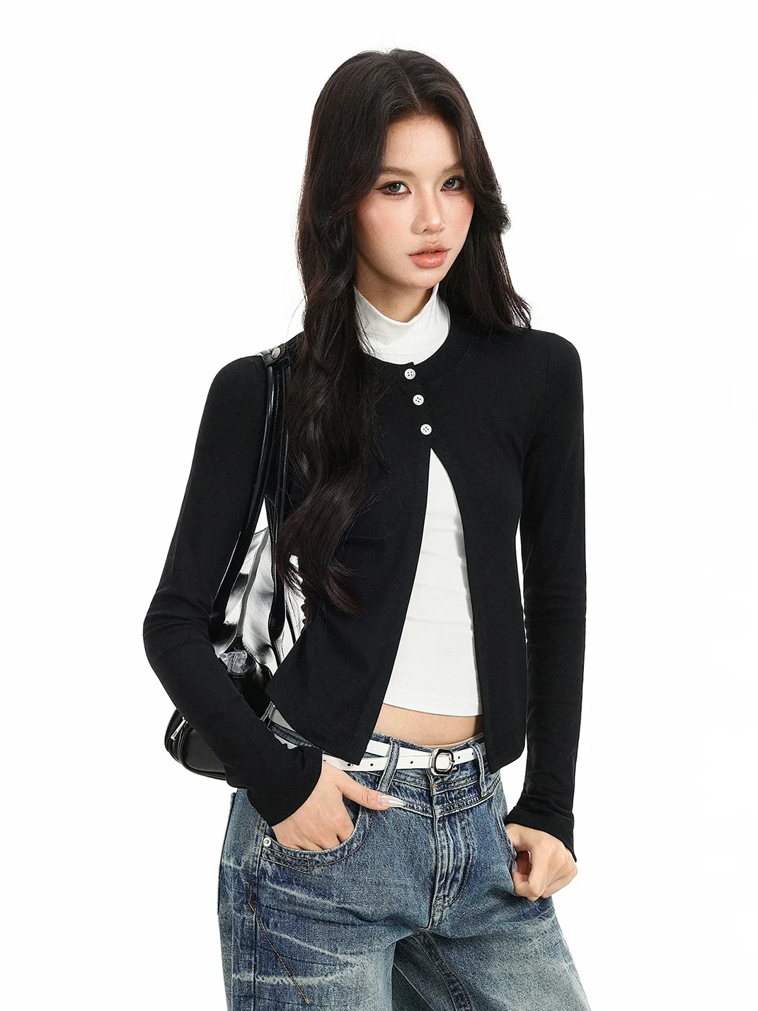 BIGGOLD | Split Mock Neck Long Sleeve Fitted Top