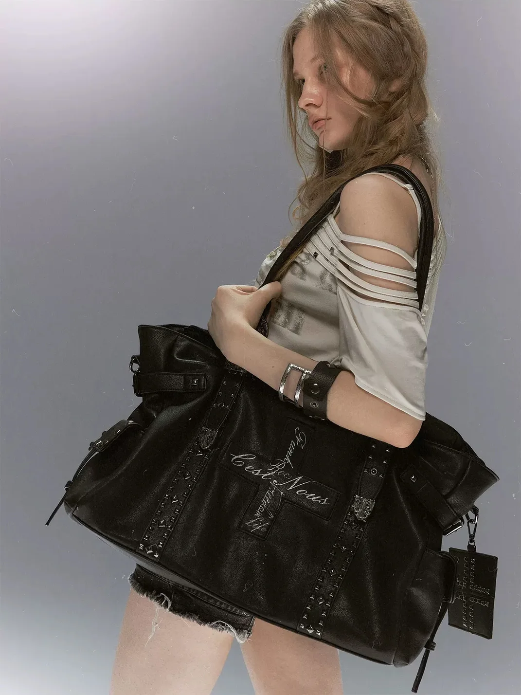Cest Nous | Studded Cross Large Shoulder Bag