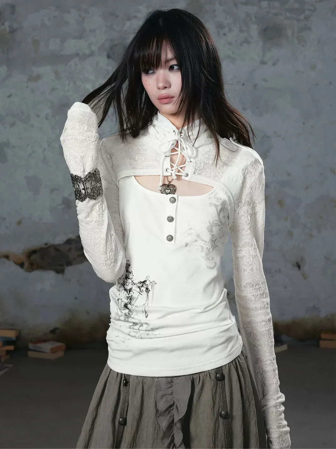 Cest Nous | Lace-Up High-Neck Layered Long-Sleeve Top