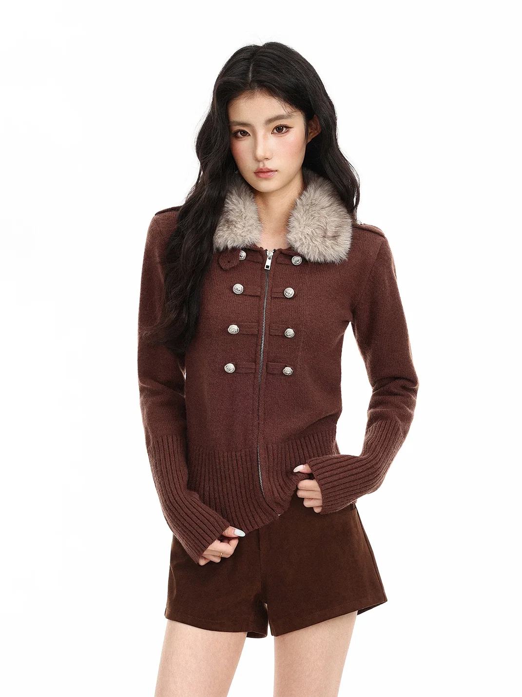 BIGGOLD | Fur Collar Double-Breasted Cropped Knit Cardigan