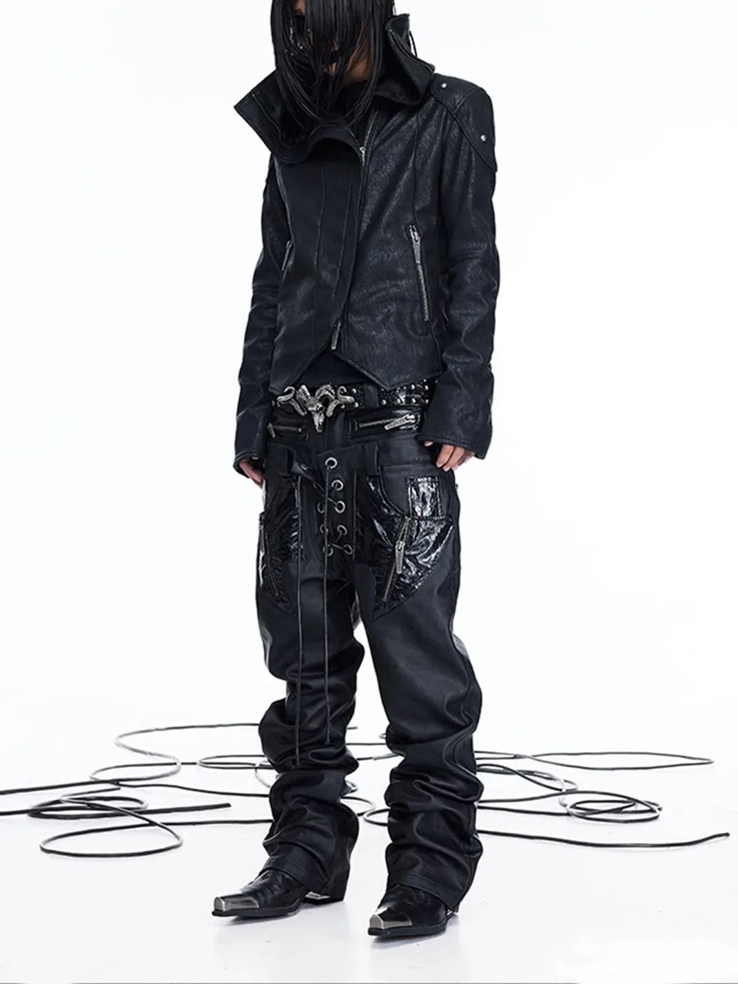 DARKRTPTS | Double-Waistband PU-Panel Coated Straight-Leg Jeans