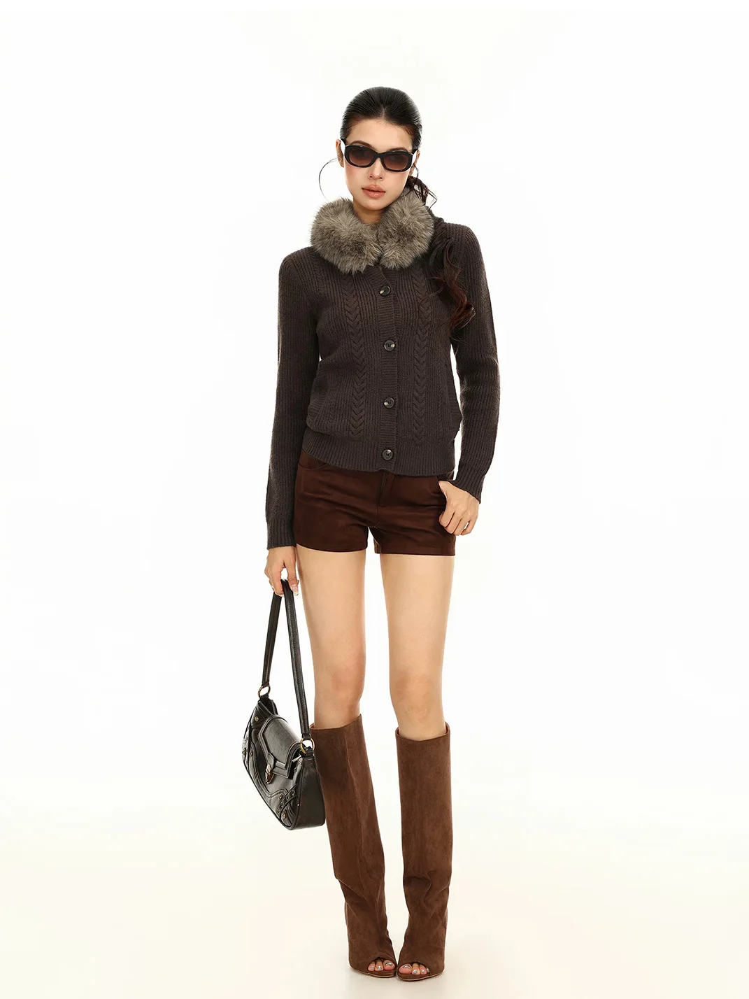 BIGGOLD | Detachable Fur Collar Cable Knit Cardigan