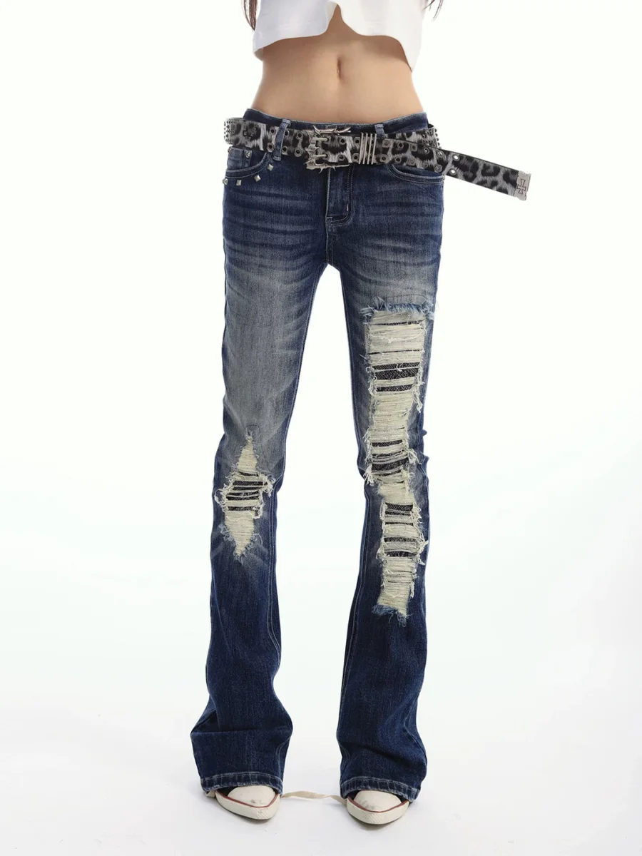 SEXXDEVIL | Blue Distressed Low-Rise Flared Jeans - 2