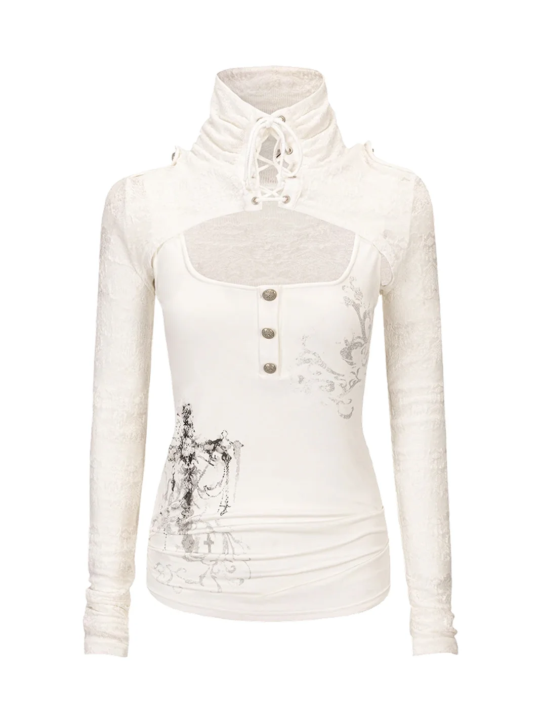 Cest Nous | Lace-Up High-Neck Layered Long-Sleeve Top