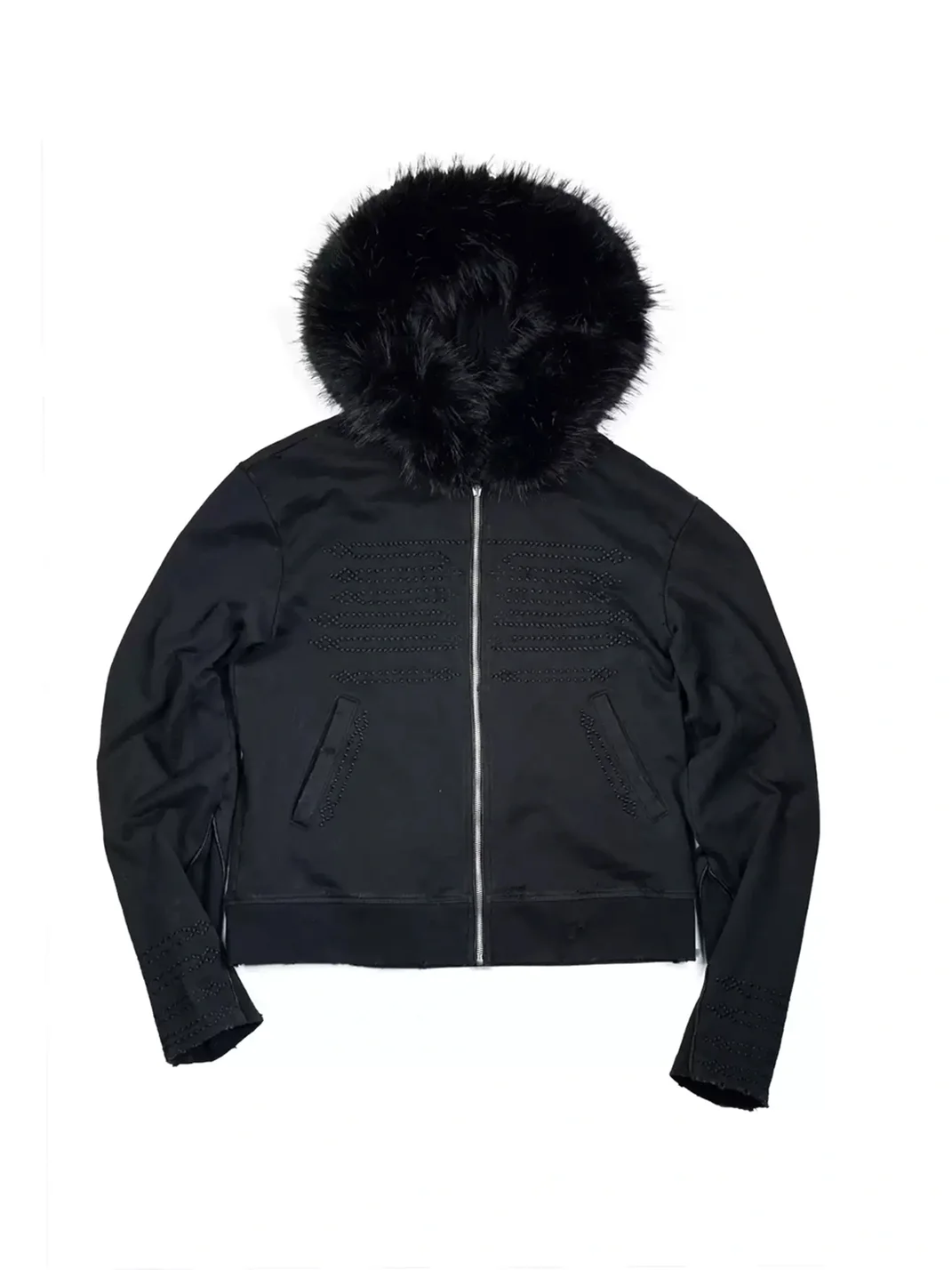WHISTLEHUNTER | Distressed Embroidered Zip Hoodie With Detachable Fur Collar
