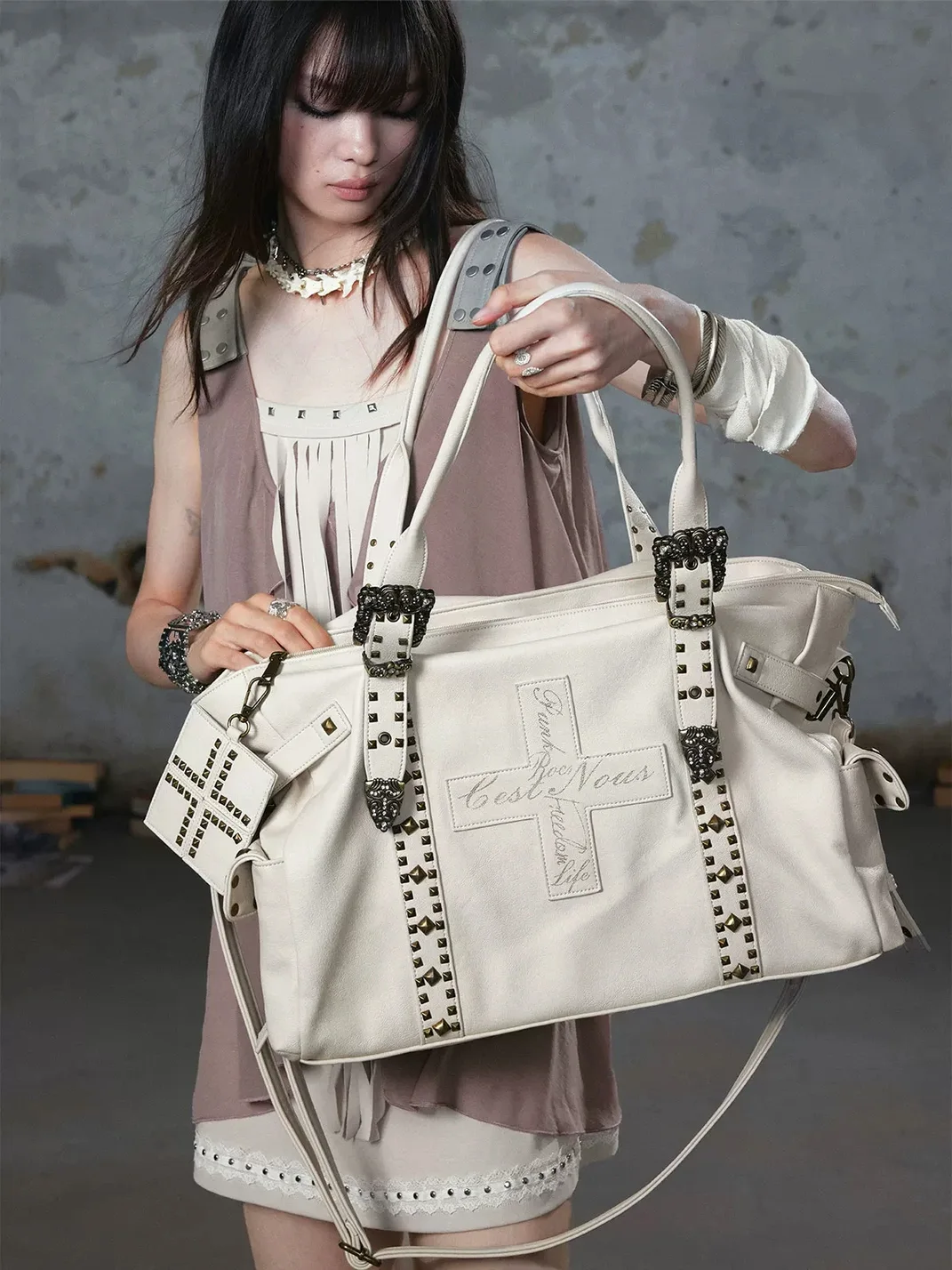 Cest Nous | Studded Cross Large Shoulder Bag