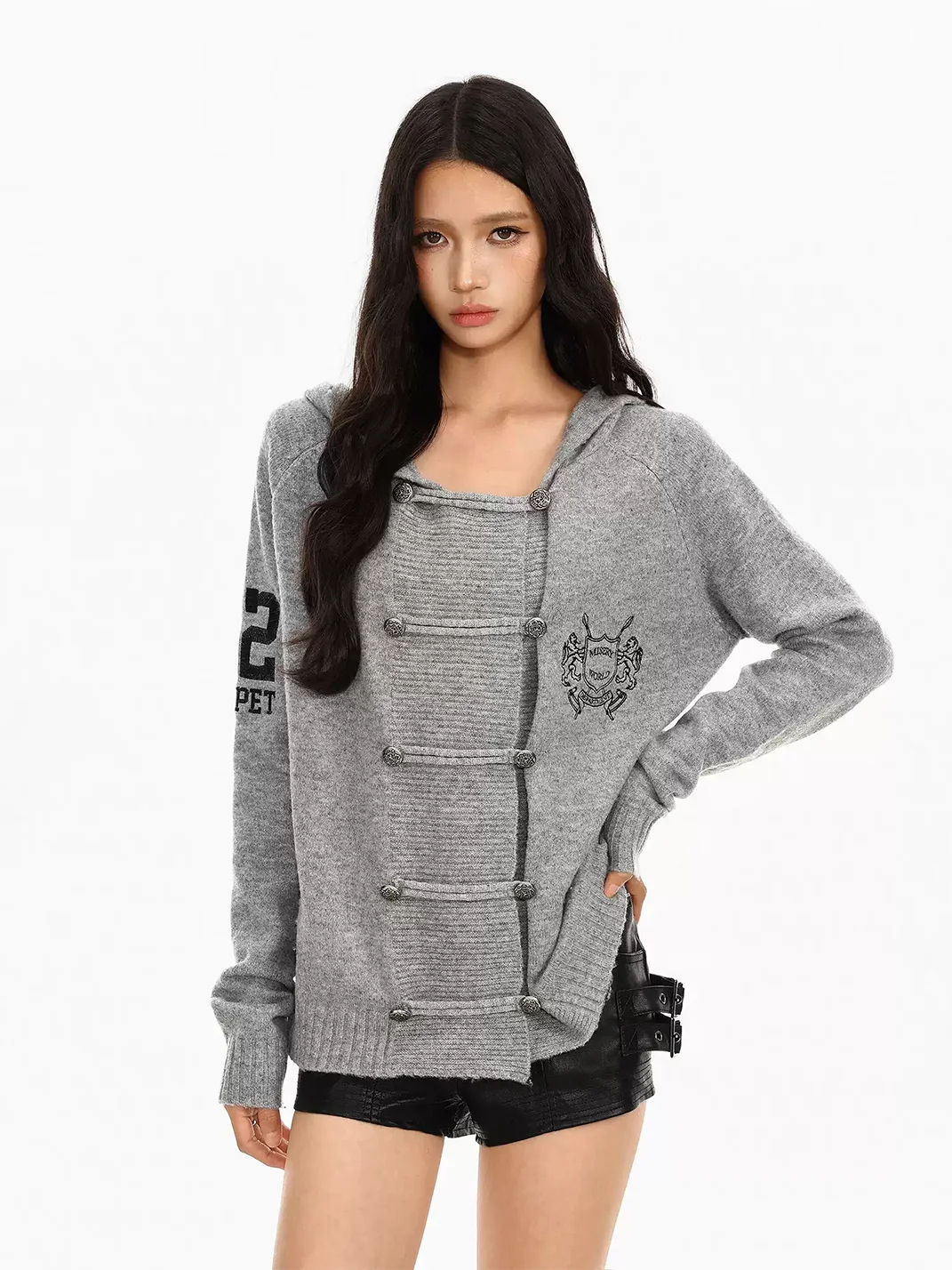 BIGGOLD | Gray Hooded Double-Breasted Knit Cardigan