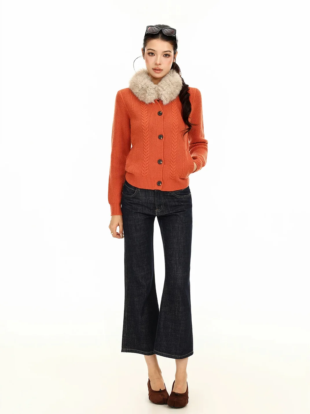 BIGGOLD | Detachable Fur Collar Cable Knit Cardigan
