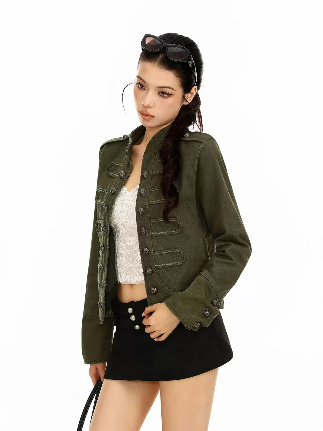 BIGGOLD | Mandarin Collar Double-Breasted Cropped Jacket