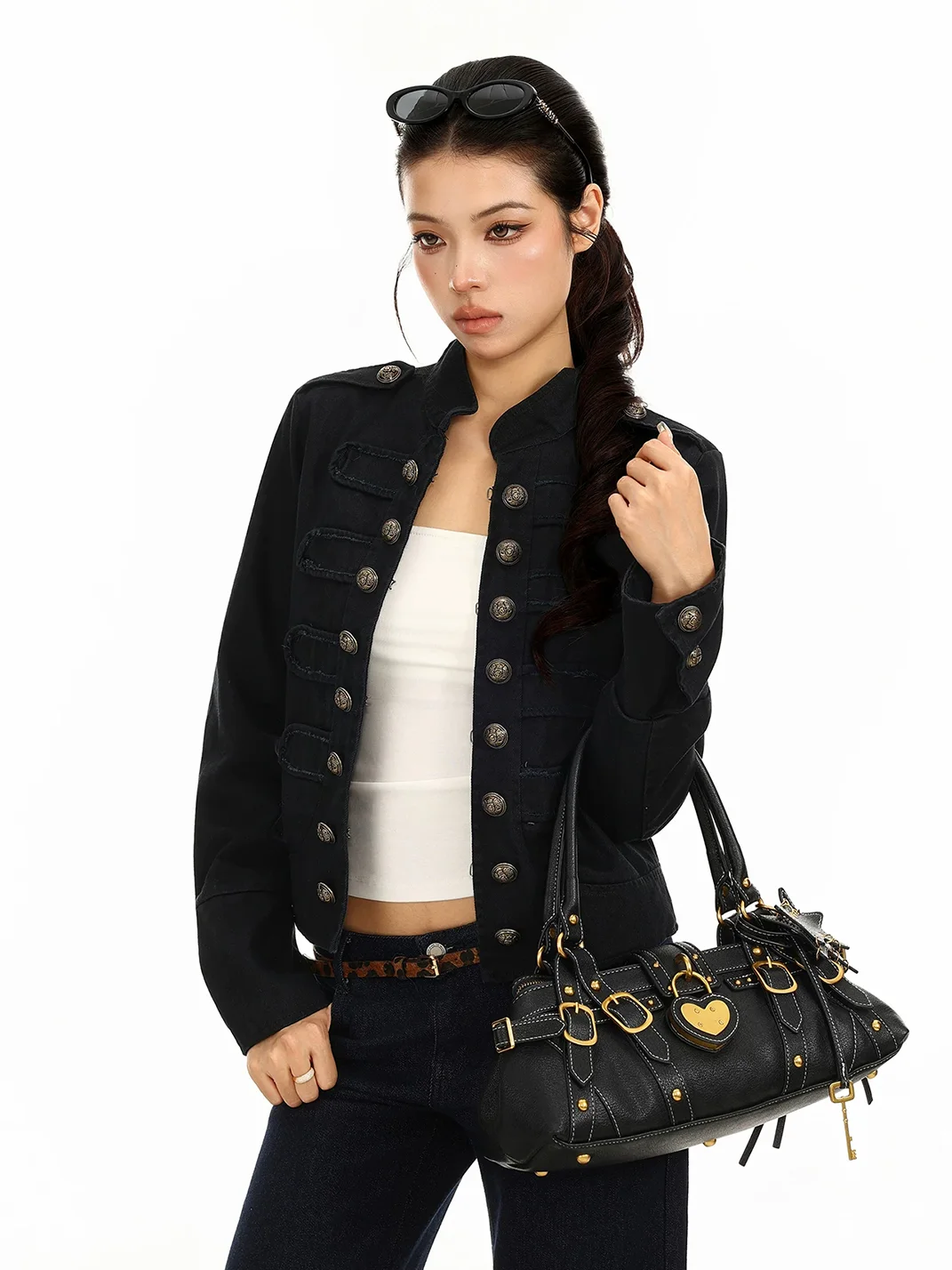 BIGGOLD | Mandarin Collar Double-Breasted Cropped Jacket