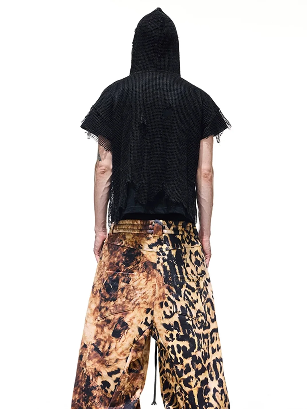 DARKRTPTS | Distressed Layered Mesh Hooded Graphic T-Shirt