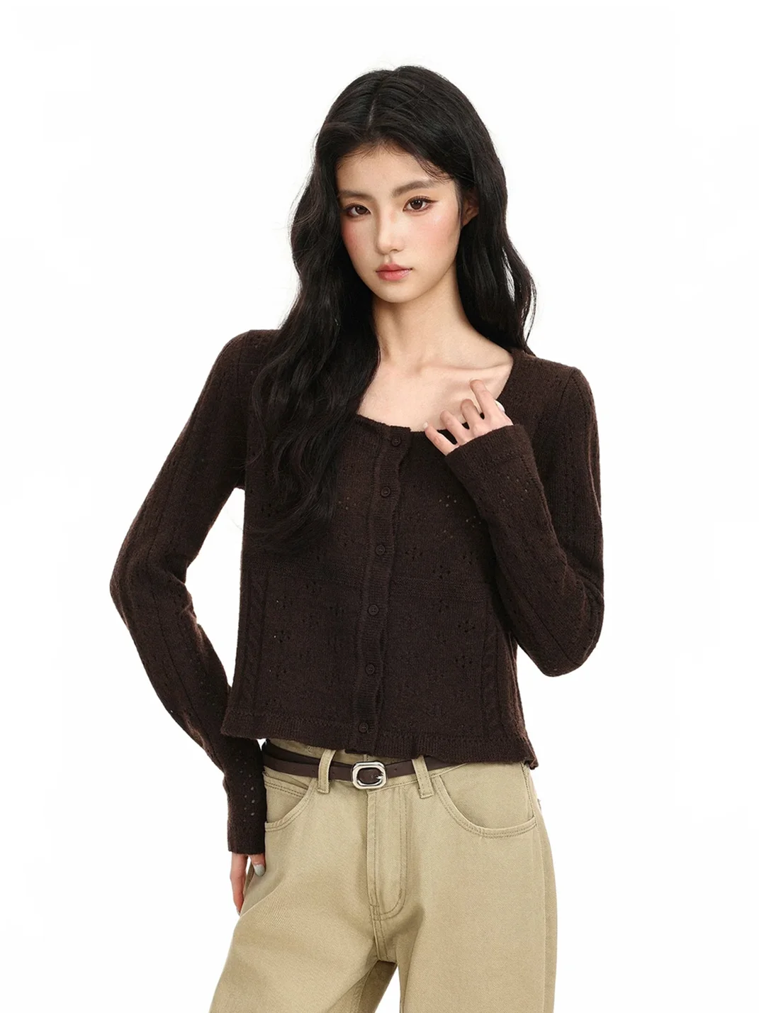 BIGGOLD | Cropped Openwork Wool Knit Cardigan