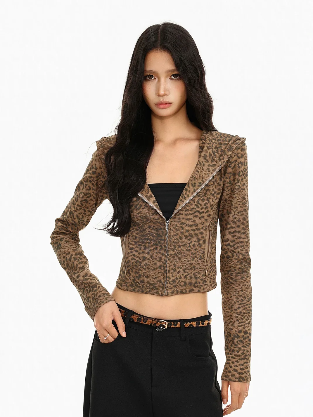 BIGGOLD | Leopard Cropped Hooded Zip Jacket