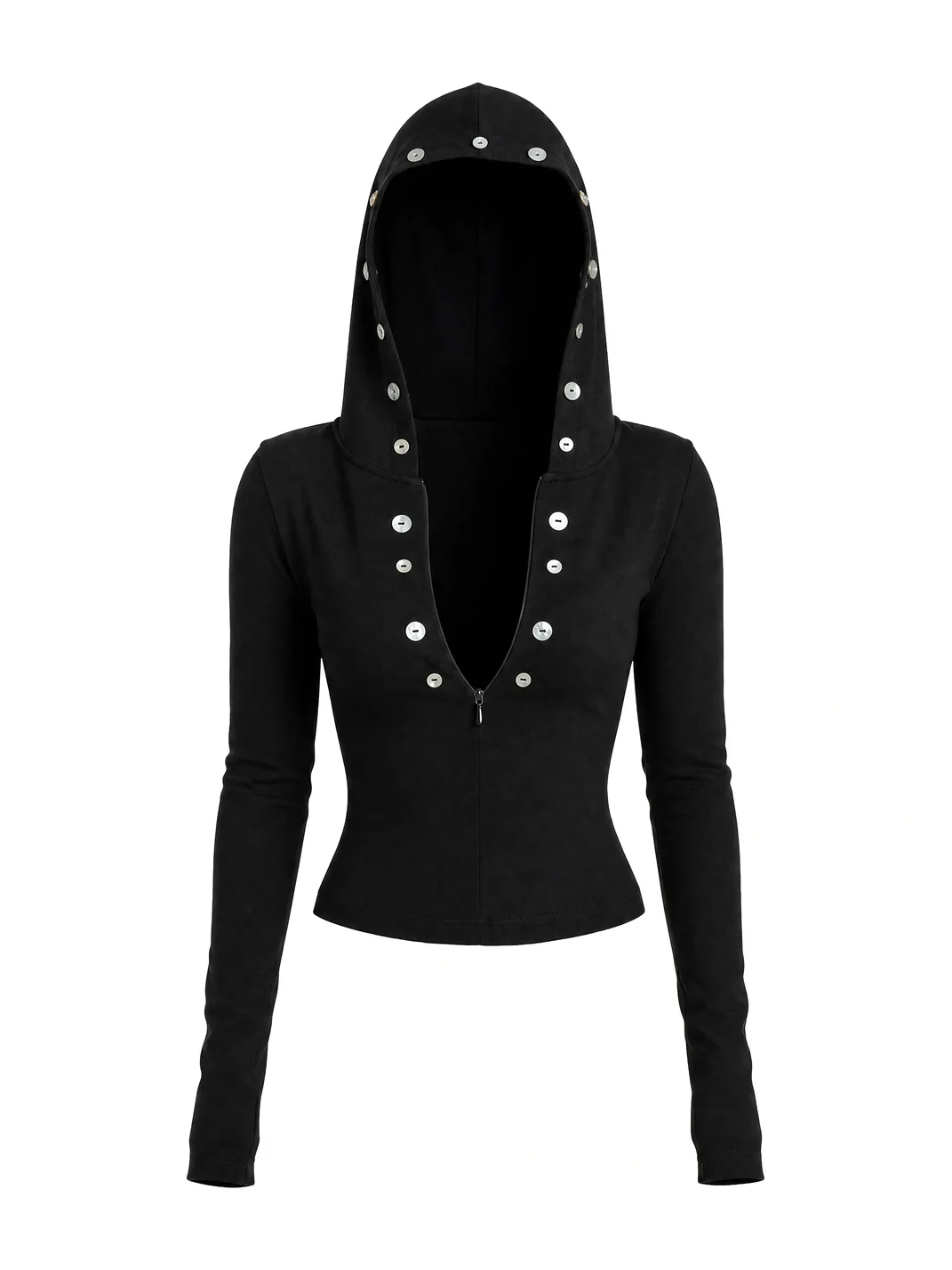 SEXXDEVIL | Shell Button Zip Hooded Fitted Long Sleeve Top