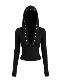 SEXXDEVIL | Shell Button Zip Hooded Fitted Long Sleeve Top