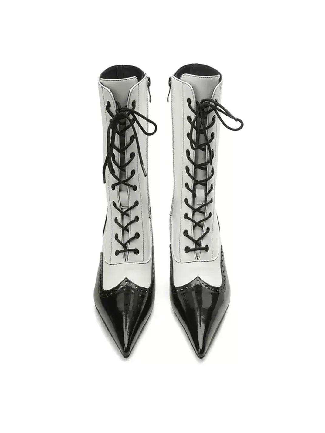 Colorful Bridge | Black White Brogue Lace-Up Calf Boots