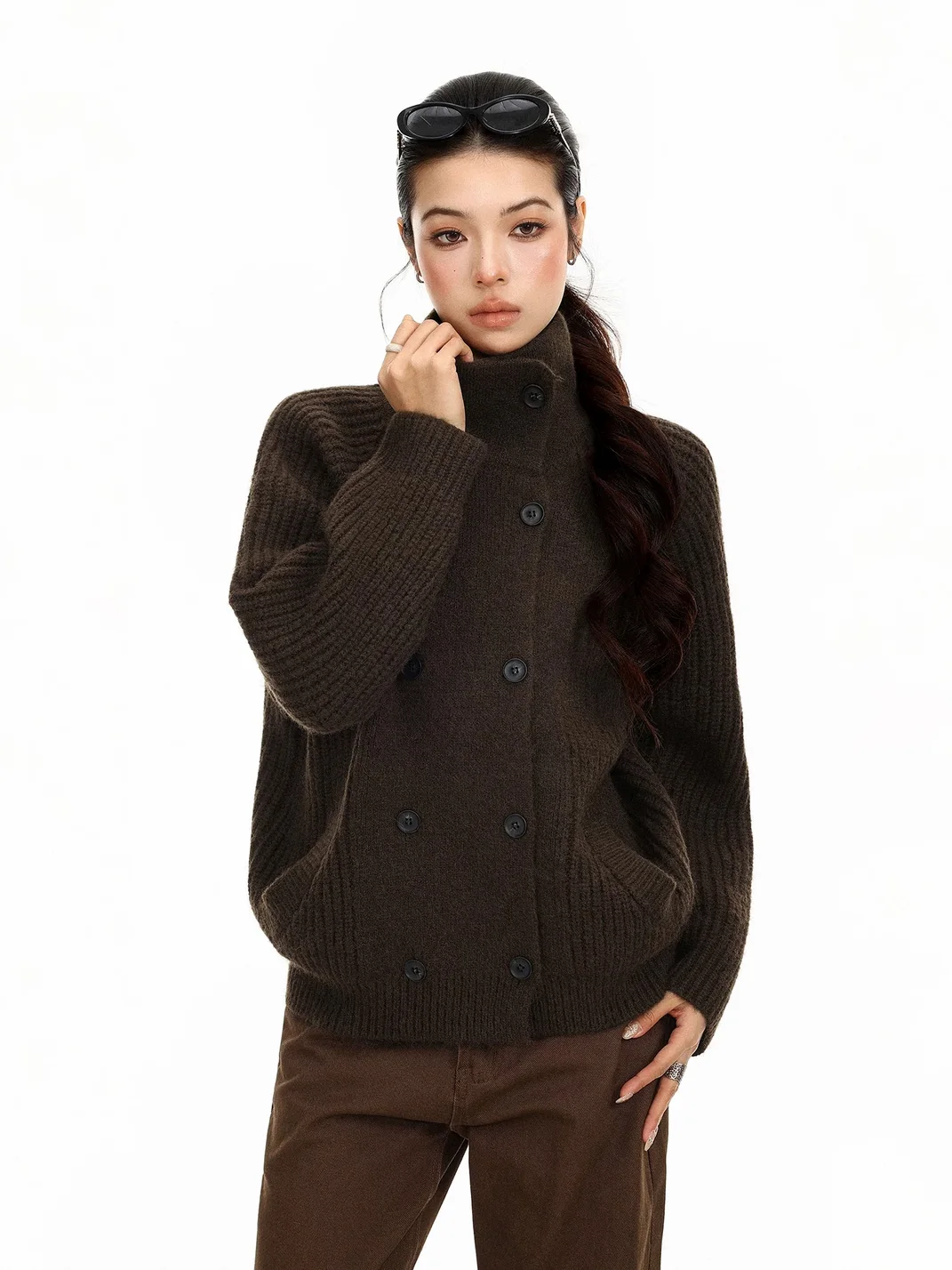 BIGGOLD | Loose Double-Breasted Turtleneck Knit Cardigan