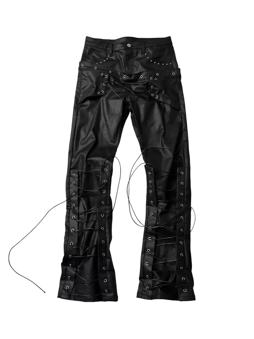 SAXGENWON | Double-Waist Lace-Up Coated Straight-Leg Jeans