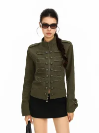 BIGGOLD | Mandarin Collar Double-Breasted Cropped Jacket
