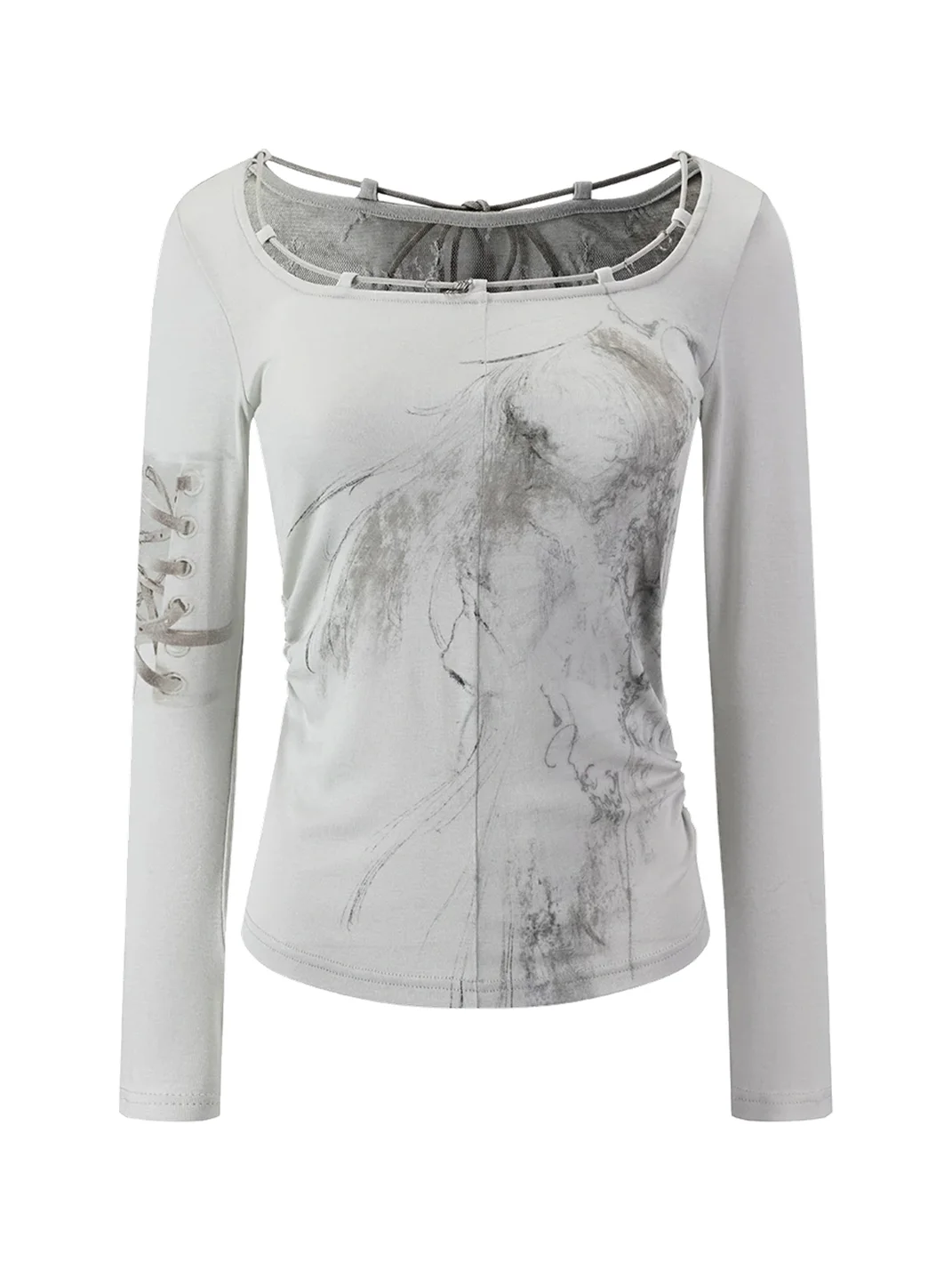 Cest Nous | Angel Print Lace Tie Long Sleeve Top
