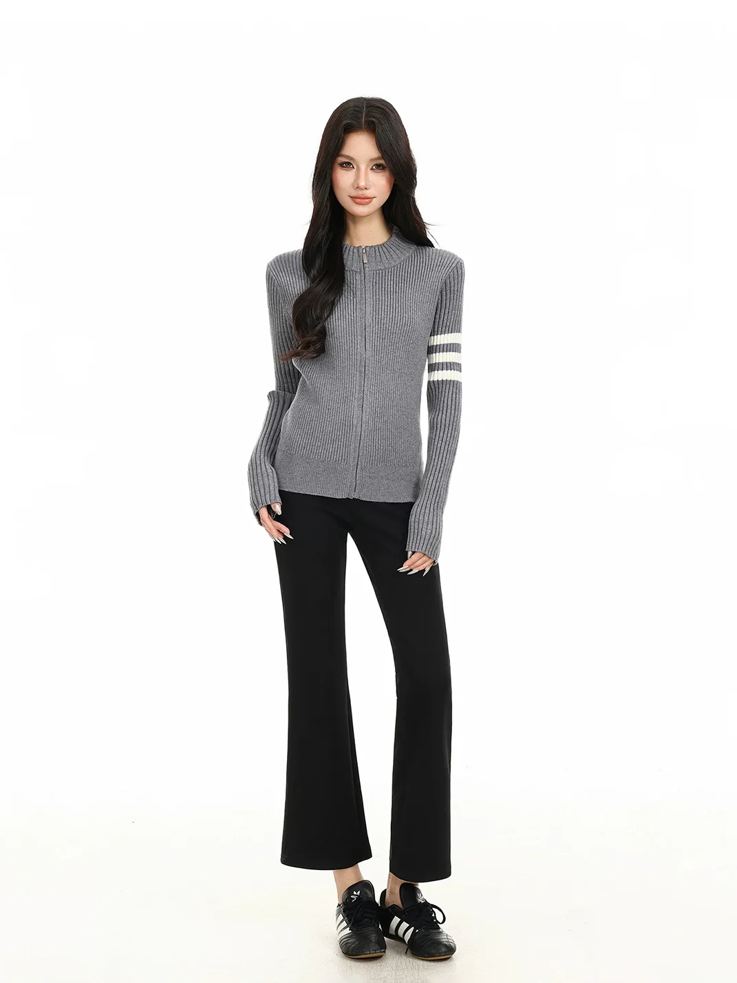 BIGGOLD | Fitted Rib Knit Zip Cardigan Sweater