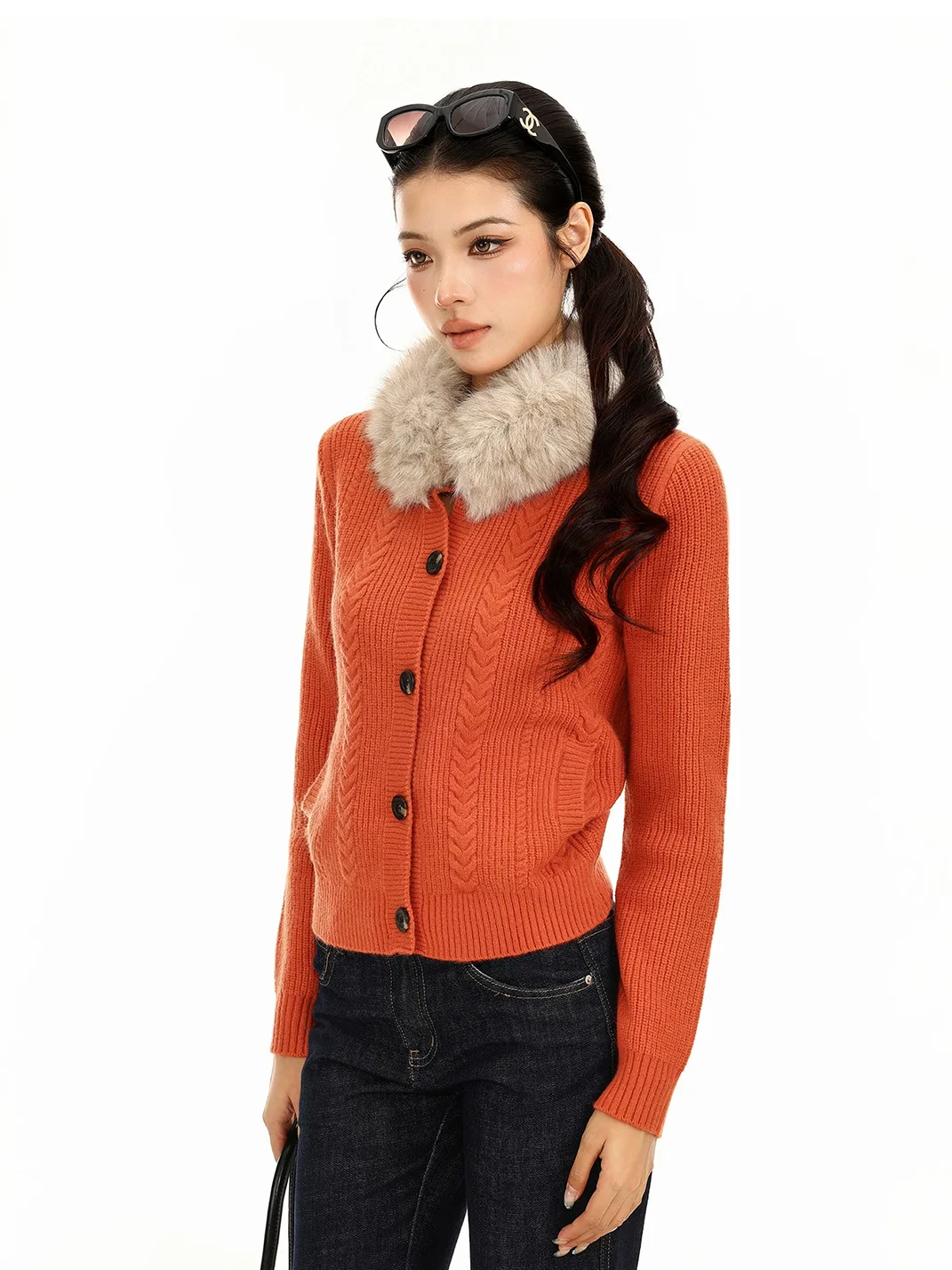 BIGGOLD | Detachable Fur Collar Cable Knit Cardigan