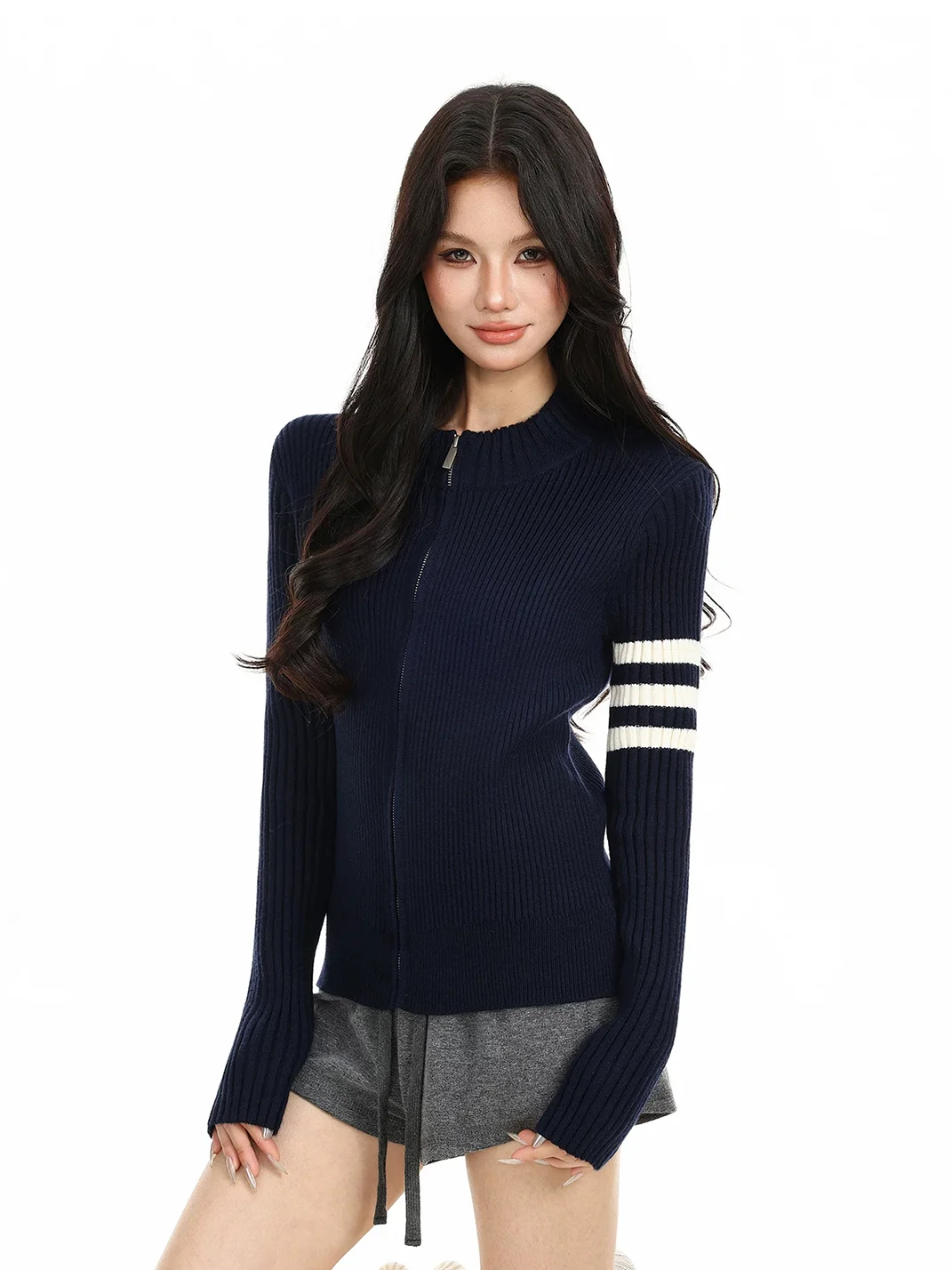 BIGGOLD | Fitted Rib Knit Zip Cardigan Sweater