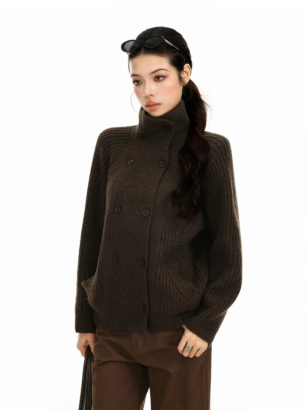 BIGGOLD | Loose Double-Breasted Turtleneck Knit Cardigan