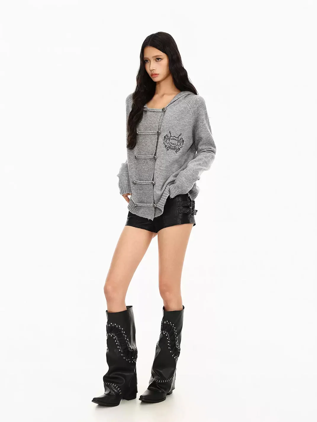 BIGGOLD | Gray Hooded Double-Breasted Knit Cardigan