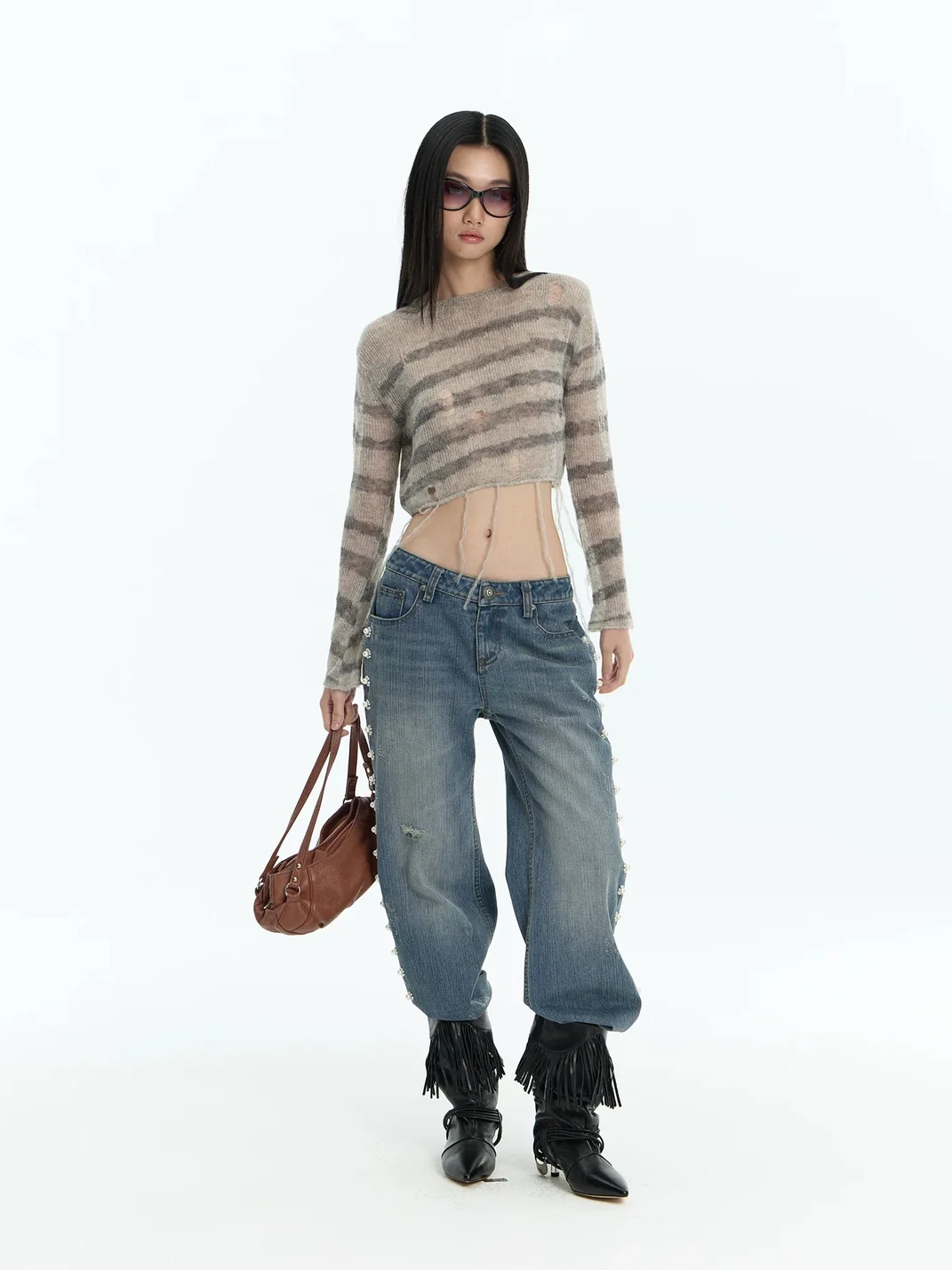 FayChui | Pearl Flower Distressed Low-Rise Flare Jeans