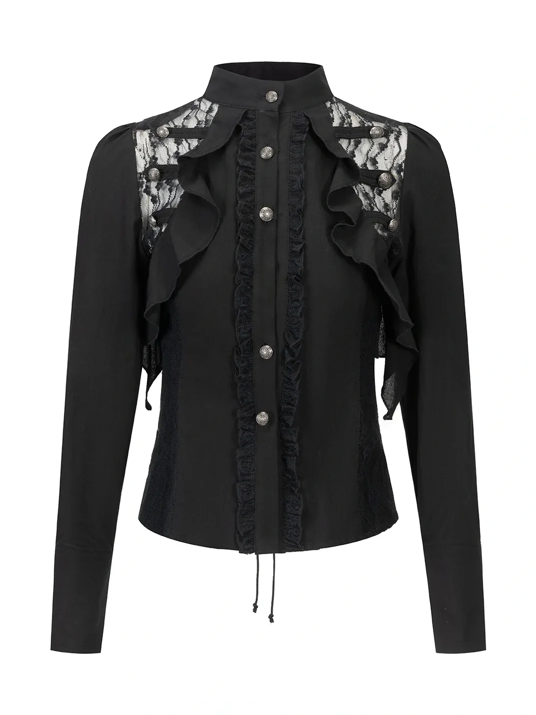 Cest Nous | Ruffled Lace-Paneled Fitted Chiffon Shirt