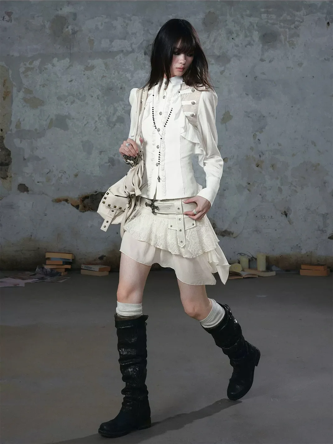 Cest Nous | Ruffled Lace-Paneled Fitted Chiffon Shirt