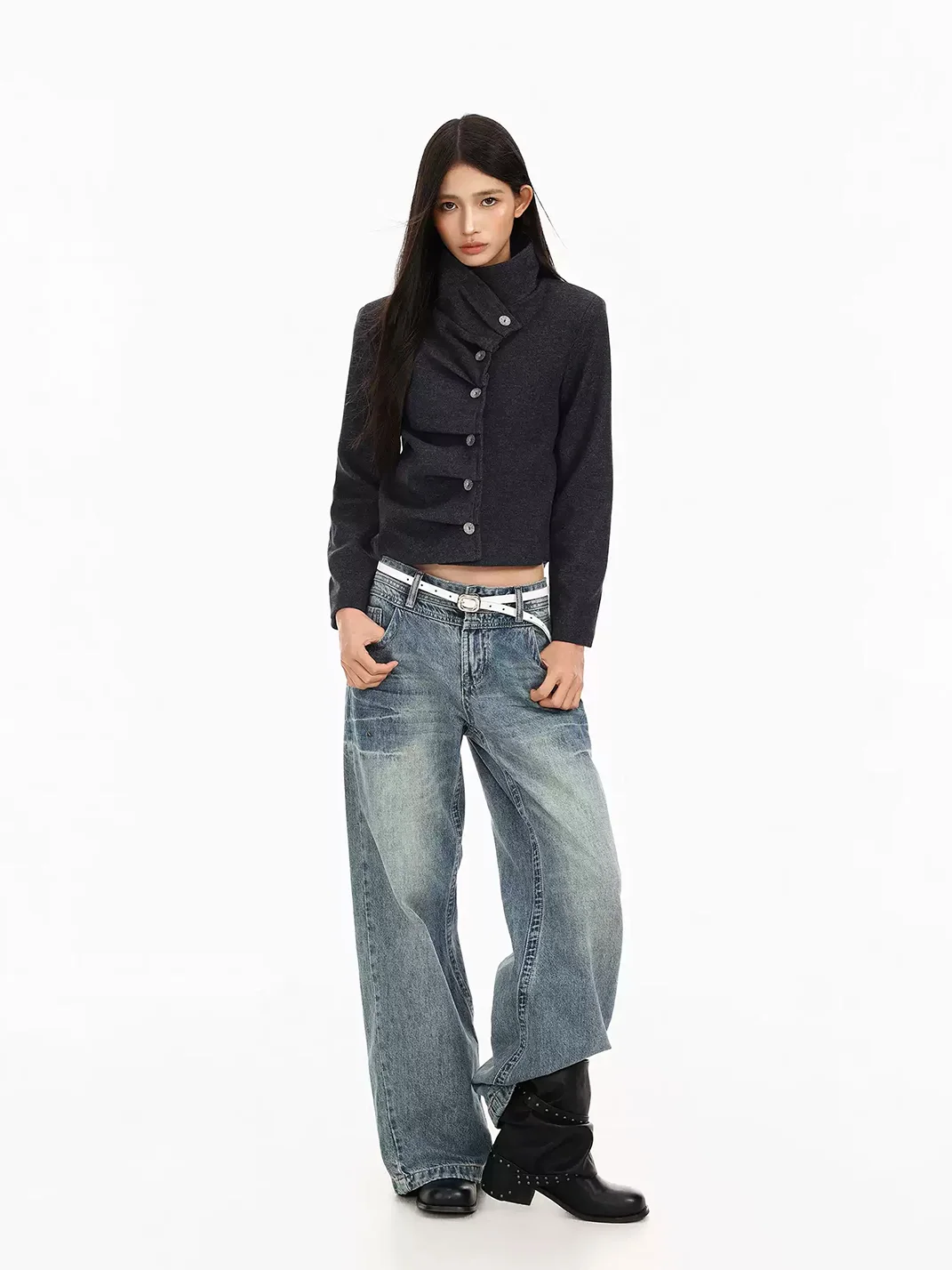 BIGGOLD | Vintage Asymmetric Stand Collar Cropped Jacket