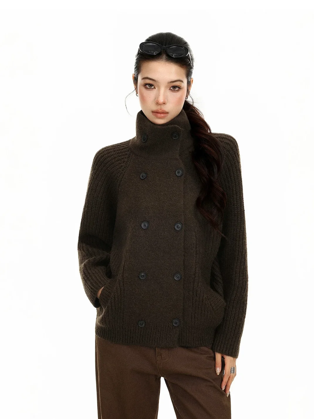 BIGGOLD | Loose Double-Breasted Turtleneck Knit Cardigan