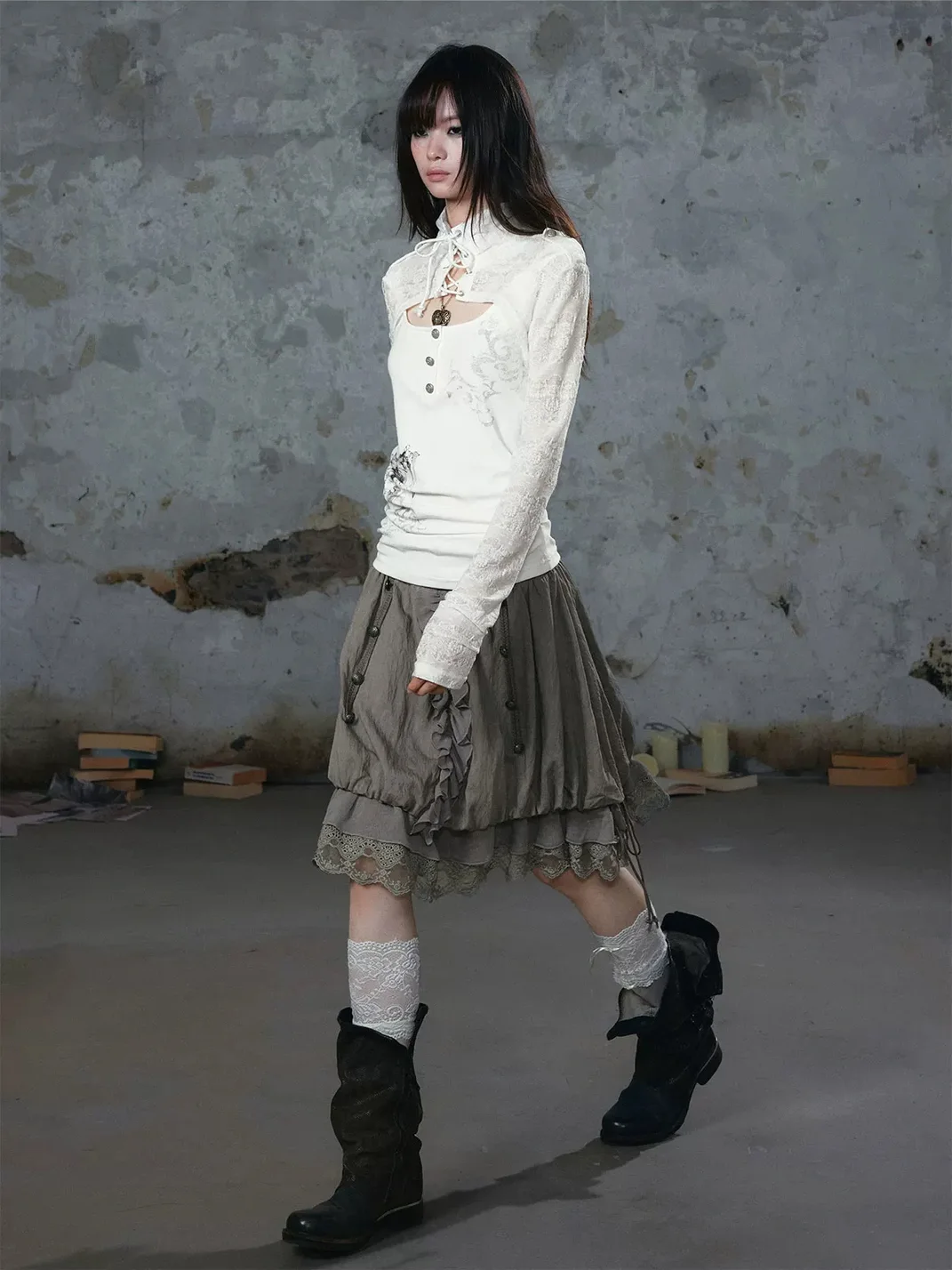 Cest Nous | Mid-Rise A-Line Lace Chiffon Drawstring Skirt