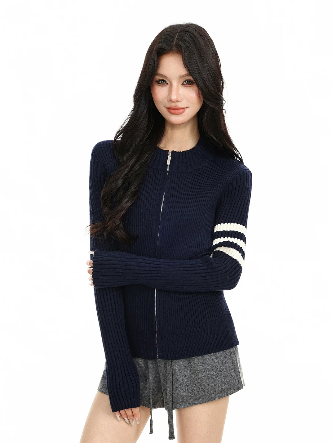 BIGGOLD | Fitted Rib Knit Zip Cardigan Sweater