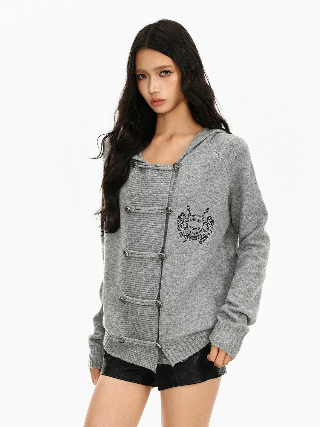 BIGGOLD | Gray Hooded Double-Breasted Knit Cardigan