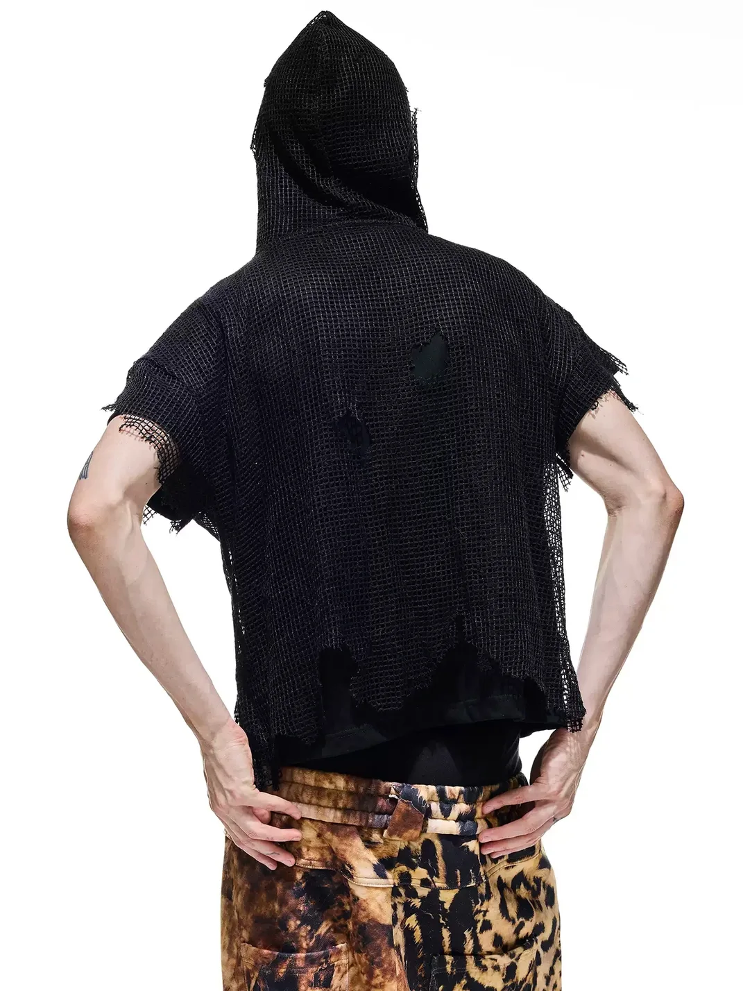 DARKRTPTS | Distressed Layered Mesh Hooded Graphic T-Shirt
