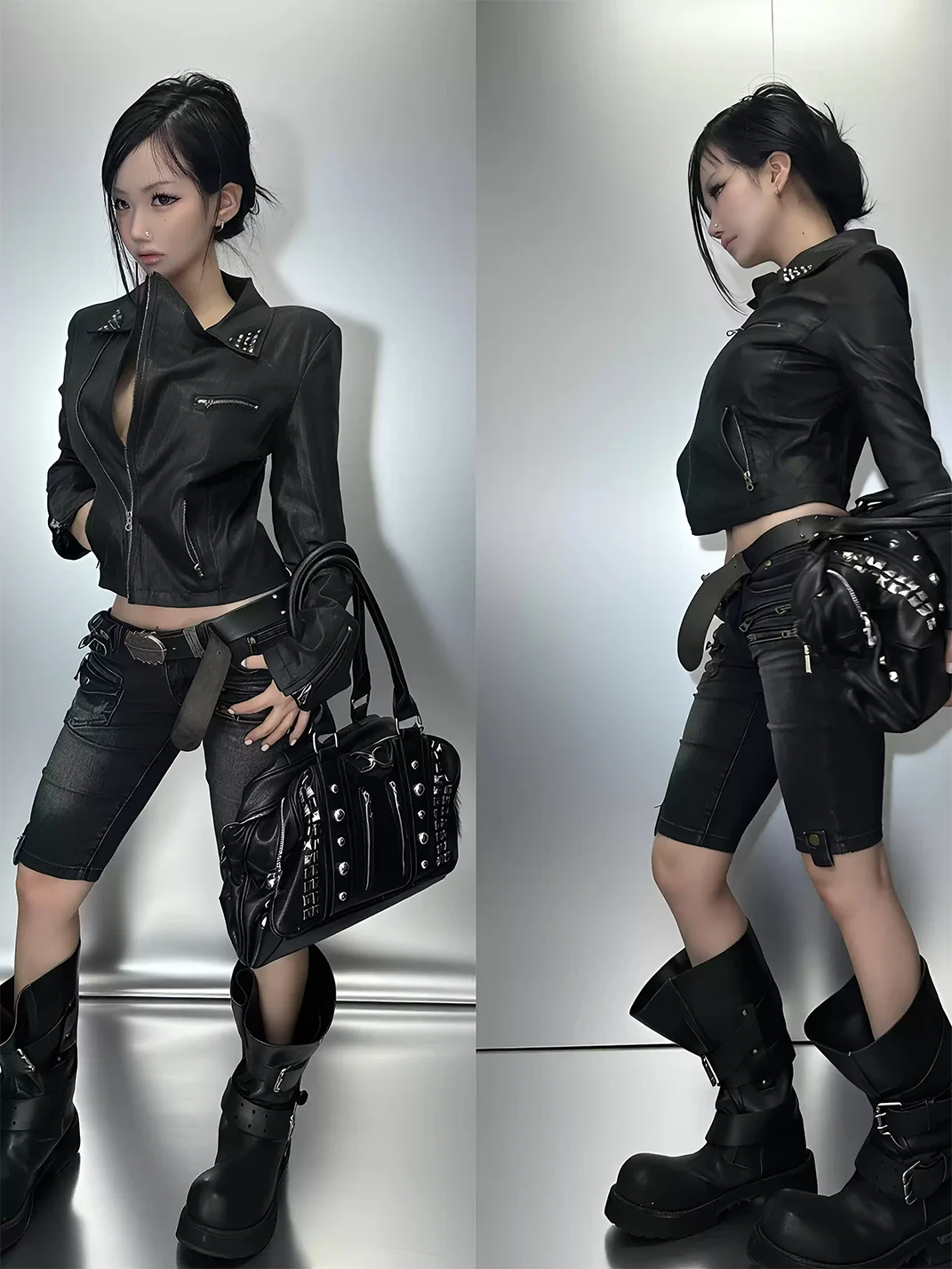 Imdelusion | Studded Lapel Fitted Cropped Biker Jacket