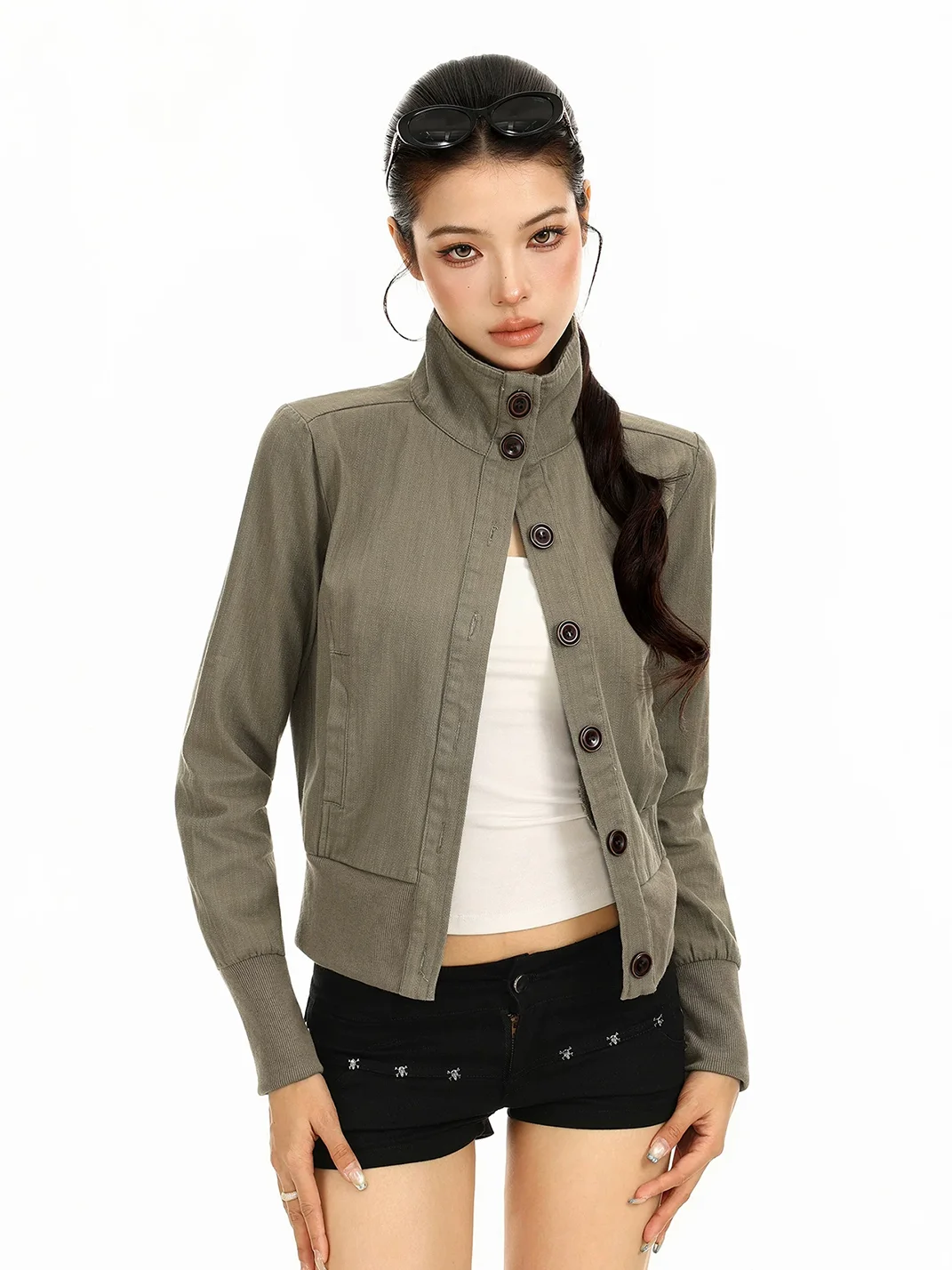 BIGGOLD | Cropped Stand Collar Button Jacket