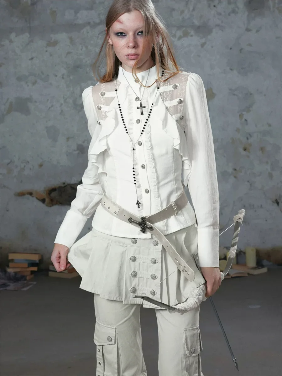 Cest Nous | Ruffled Lace-Paneled Fitted Chiffon Shirt - 3