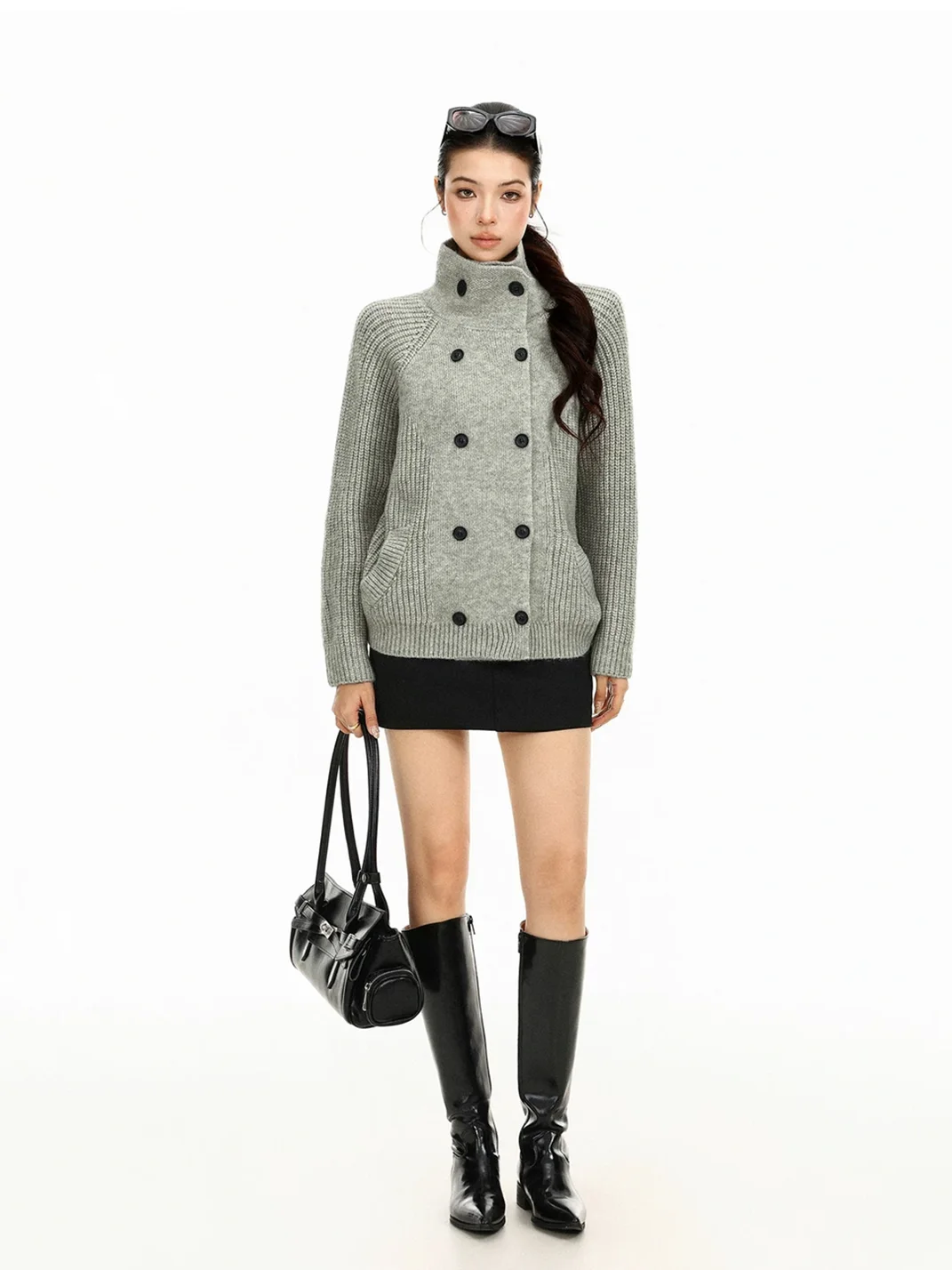 BIGGOLD | Loose Double-Breasted Turtleneck Knit Cardigan