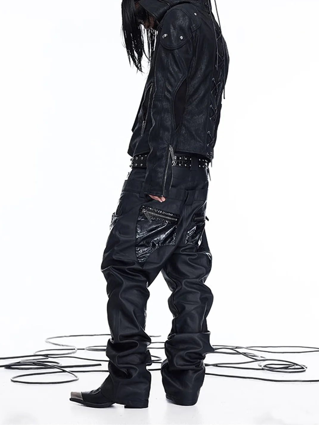 DARKRTPTS | Double-Waistband PU-Panel Coated Straight-Leg Jeans