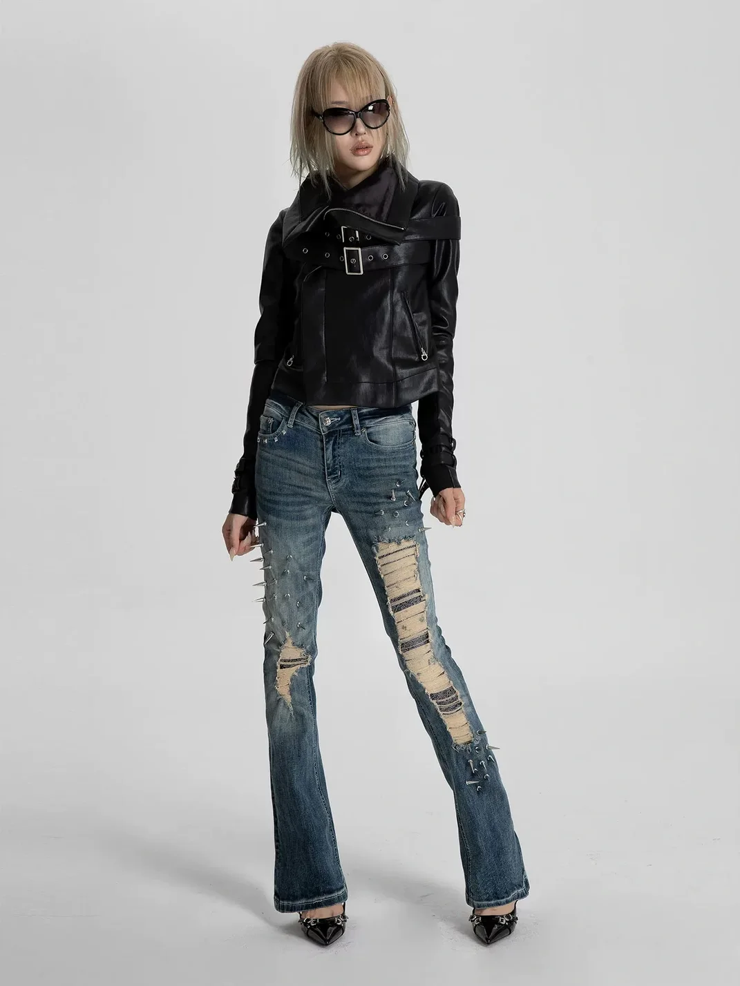 SEXXDEVIL | Studded Snake Print Distressed Slim Flare Jeans