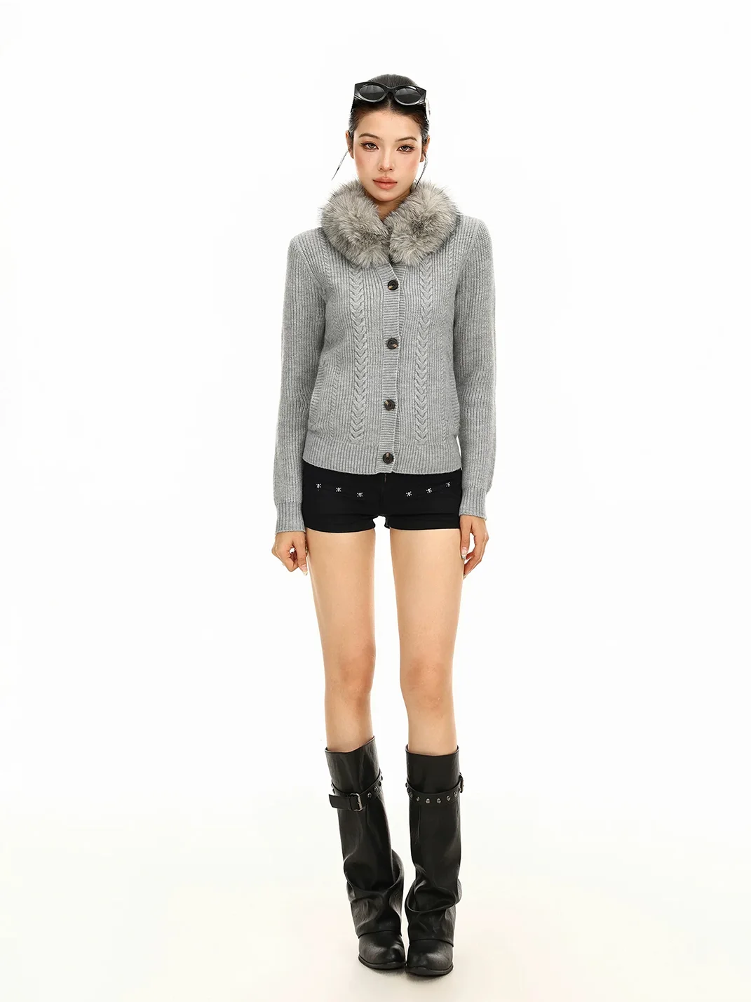 BIGGOLD | Detachable Fur Collar Cable Knit Cardigan