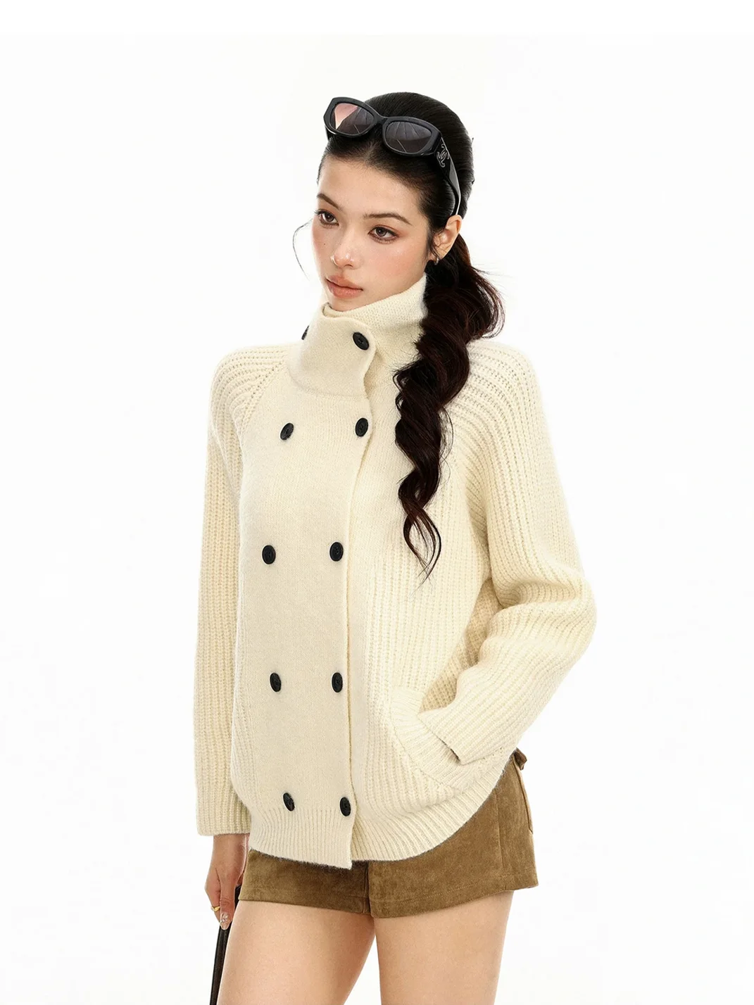 BIGGOLD | Loose Double-Breasted Turtleneck Knit Cardigan