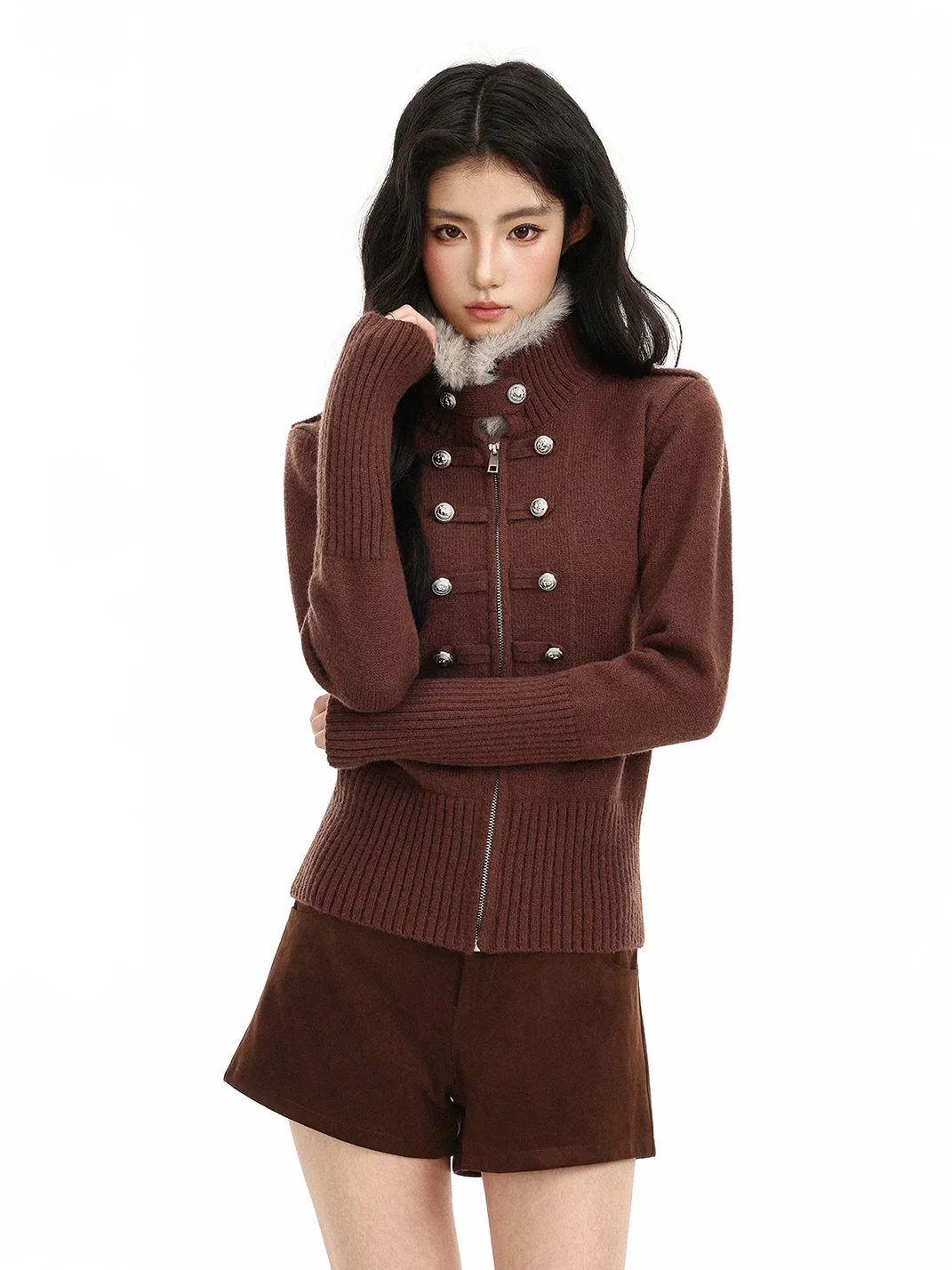 BIGGOLD | Fur Collar Double-Breasted Cropped Knit Cardigan